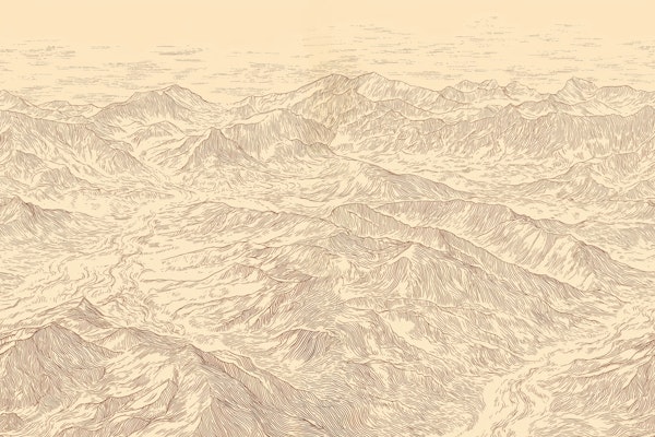 Engraved Mountain Landscape in Beige Tones