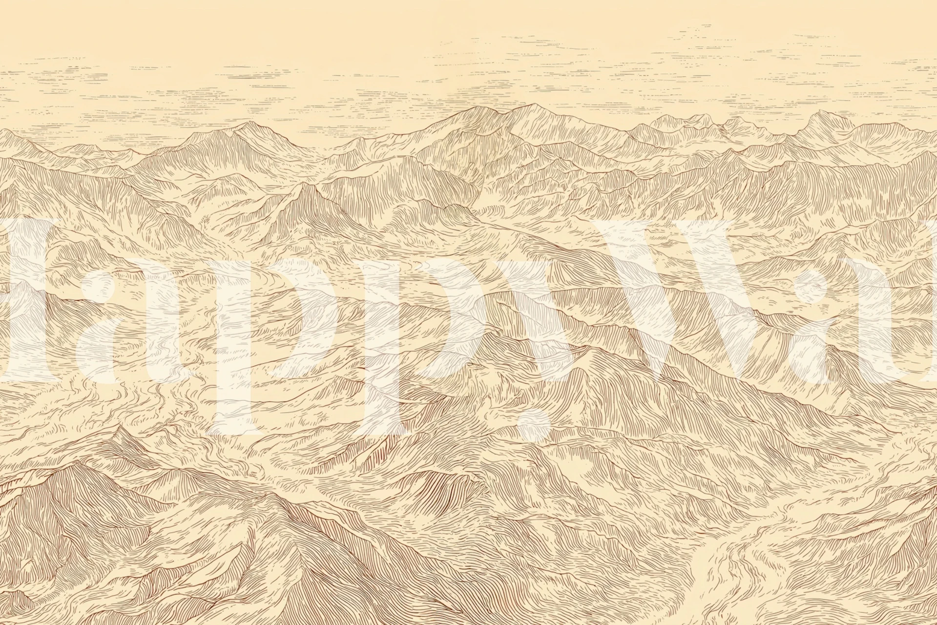Engraved Mountain Landscape in Beige Tones behang in een kamer