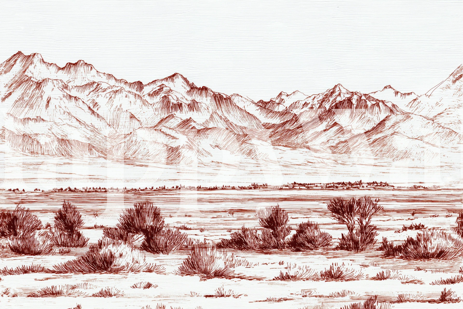 Engraved terracotta desert mountain landscape wallpaper