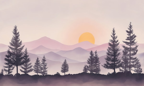 Calm Forest and Mountain Sunrise Mural