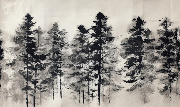Monochrome Ink Forest Mural with Tall Trees