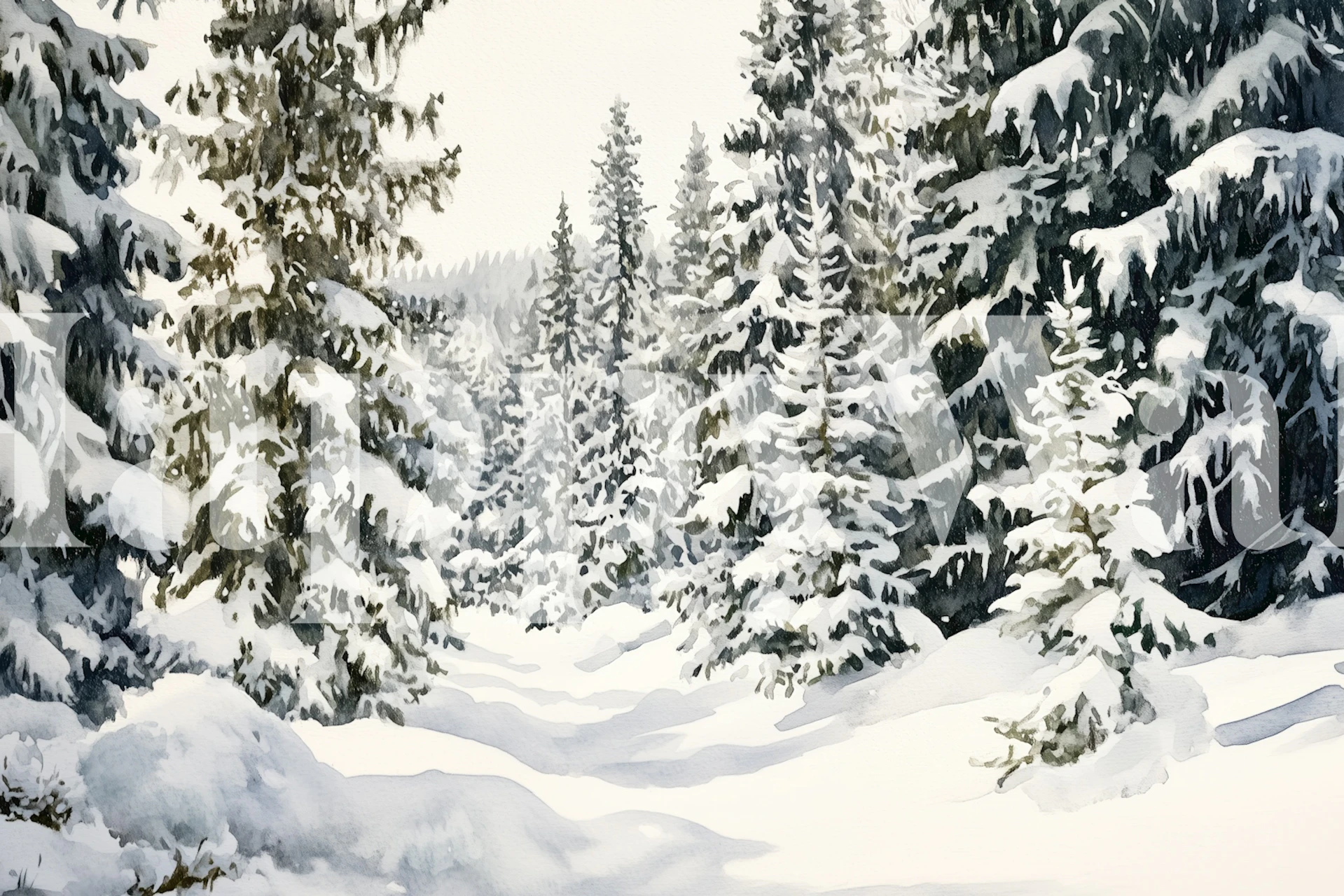 Frosted fir forest trail wallpaper in a room