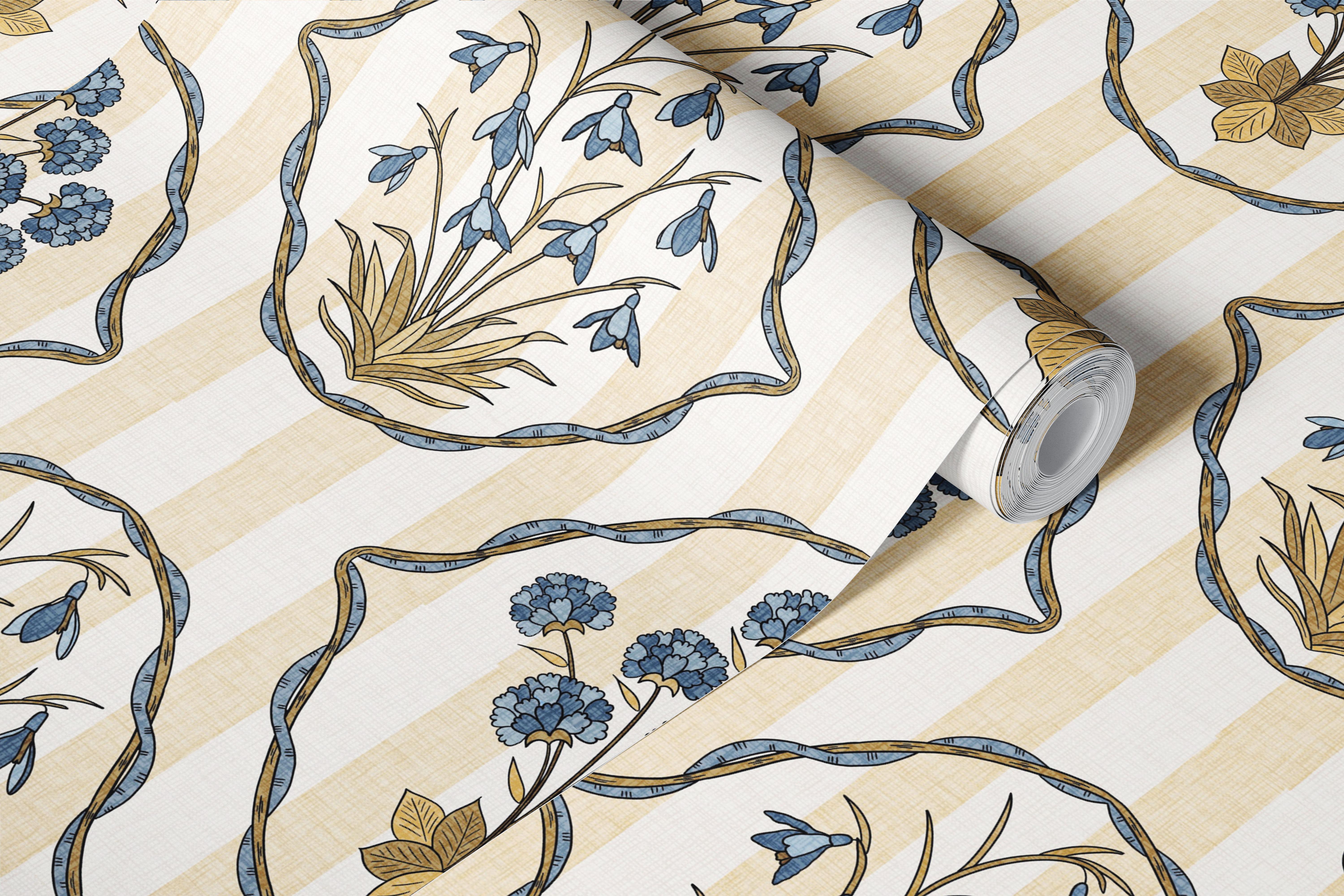 Snowdrop Flower Medallion Stripe wallpaper in a room