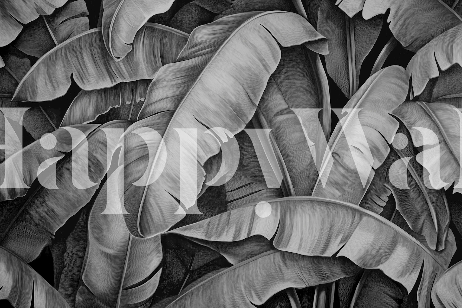 Monochrome banana leaf wallpaper in a room.