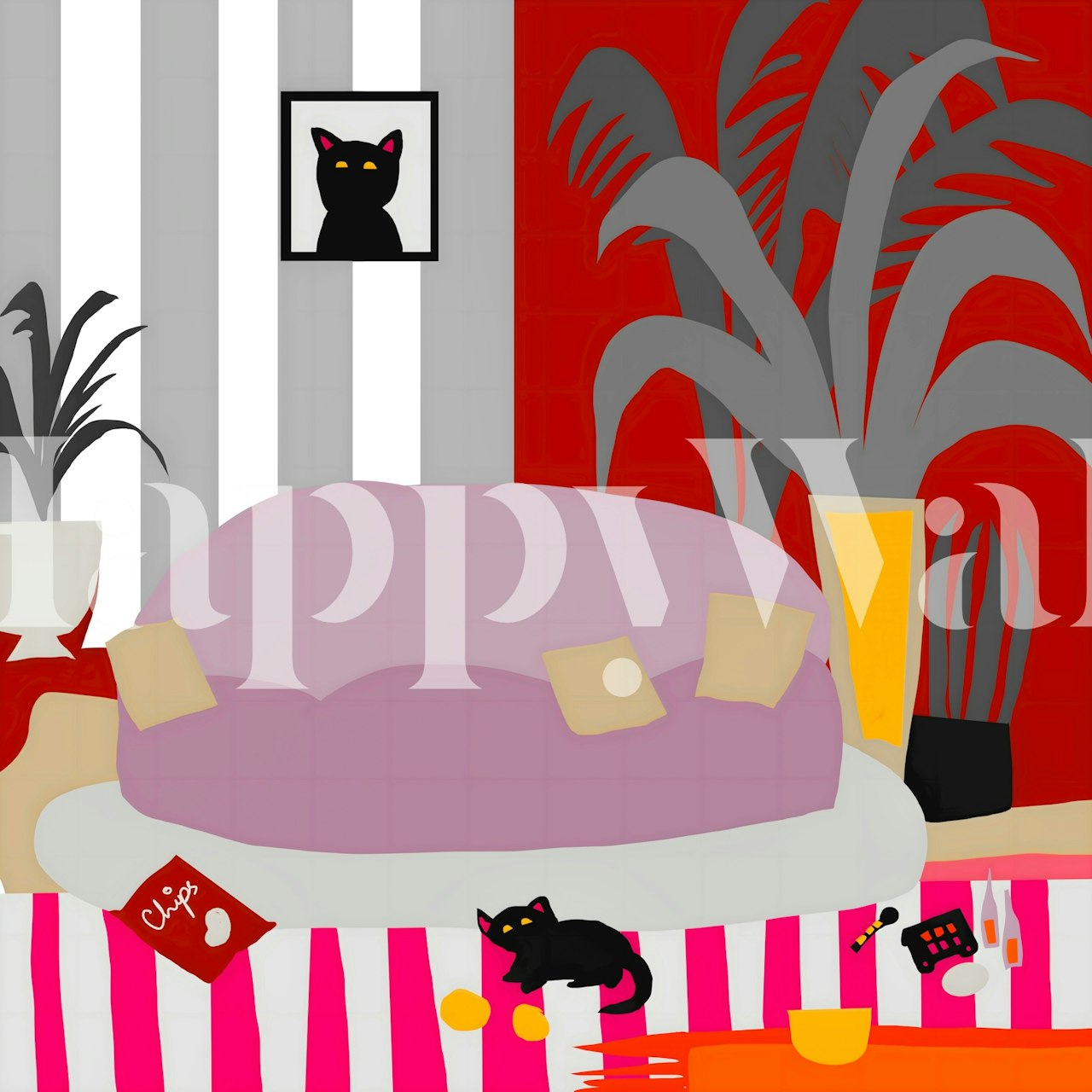 Pink Striped Cat Lounge wallpaper in a room