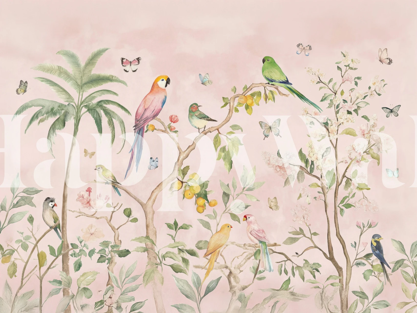 Blush Tropical Bird Garden wallpaper in a room