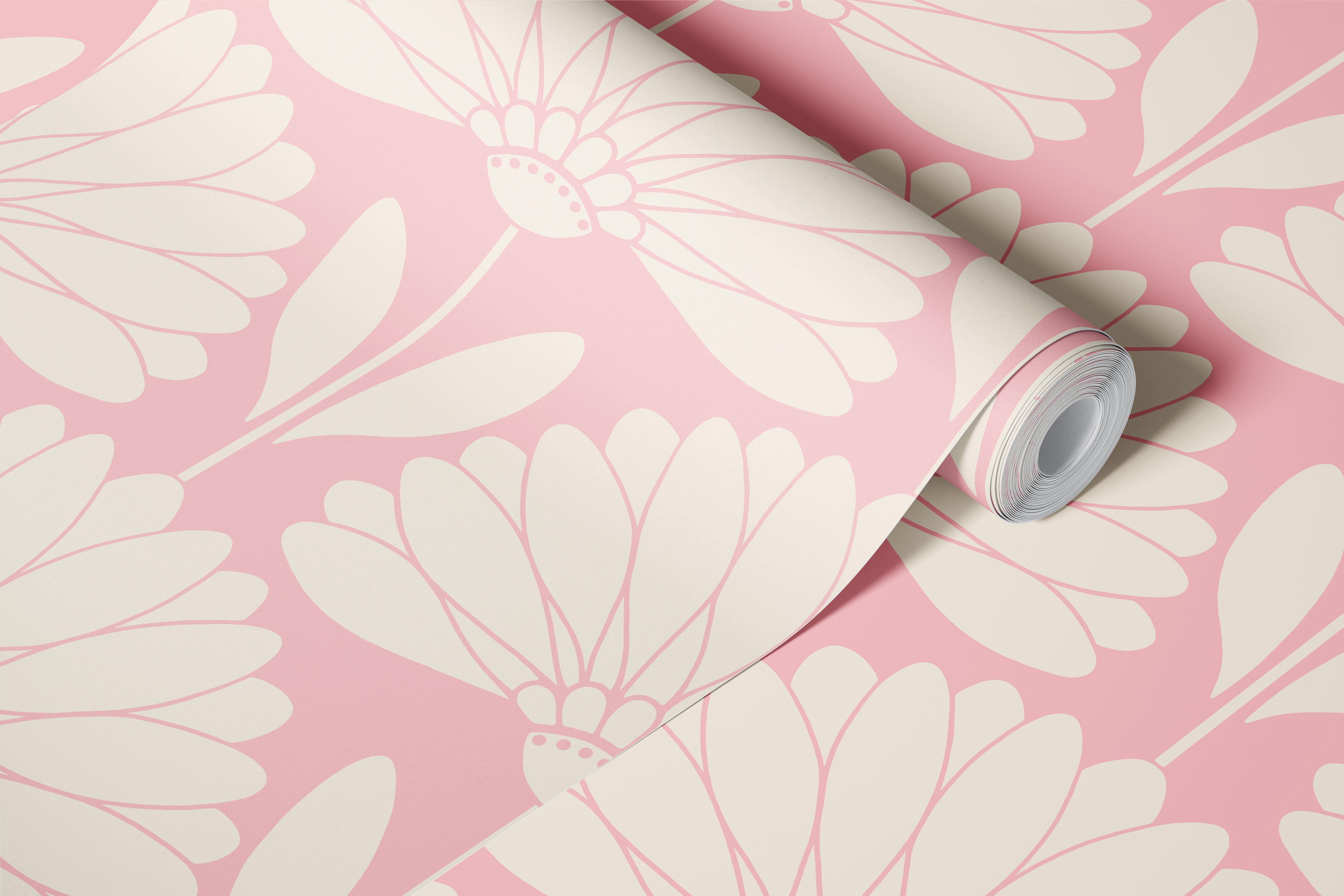 Floral wallpaper with pink and beige daisies