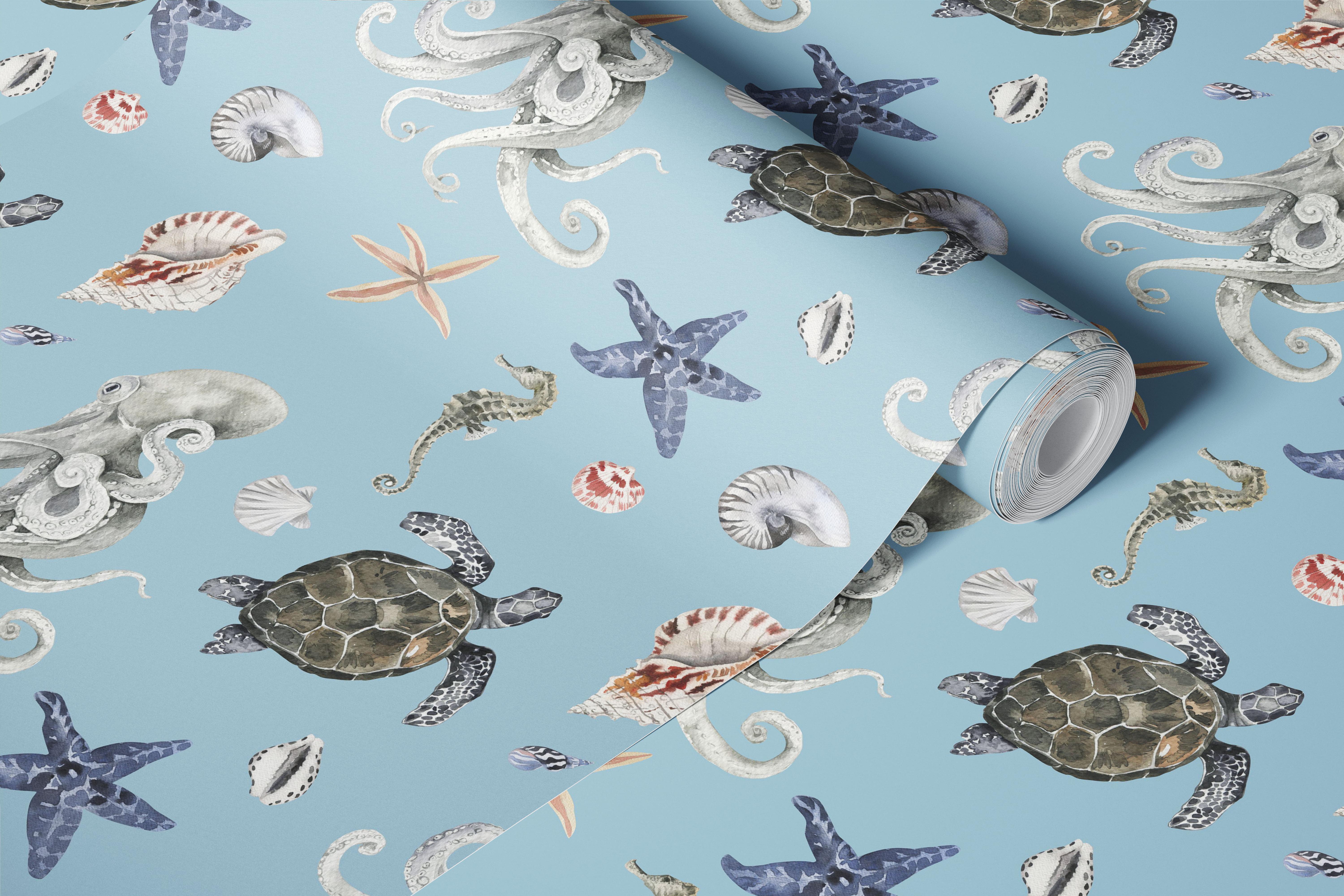 Sea creatures and shells wallpaper design