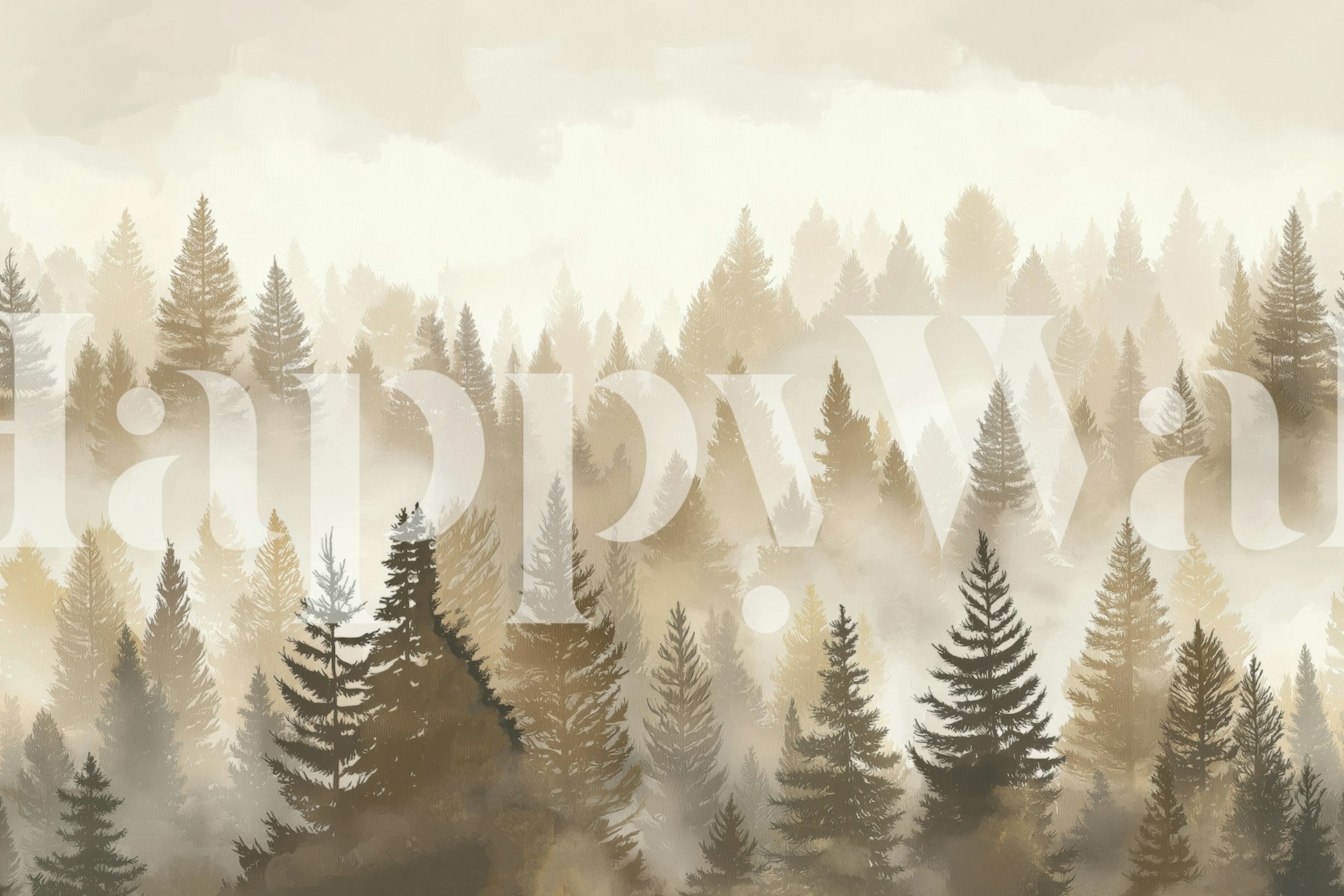 Misty pine forest wallpaper in a room