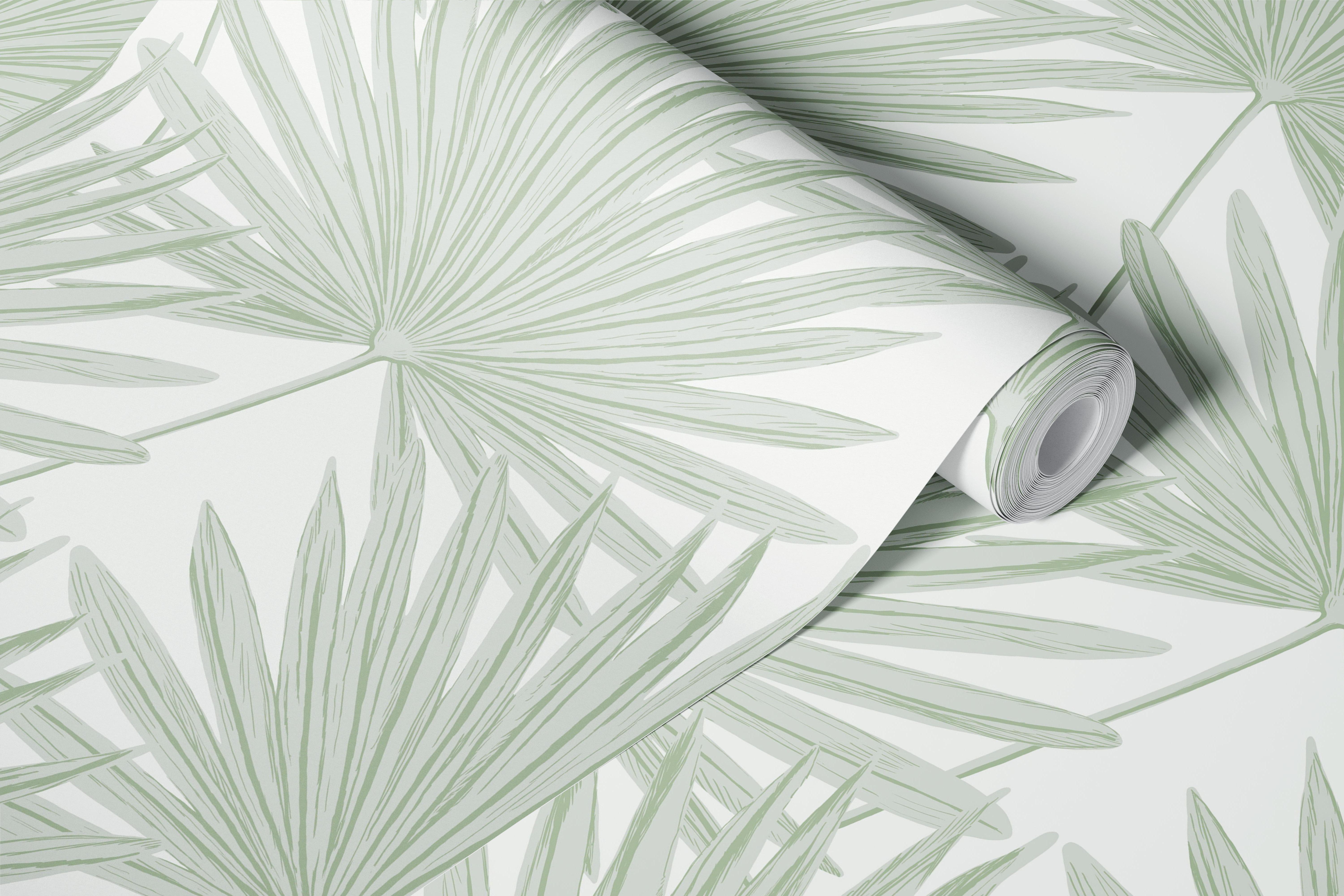 Light sage green palm leaves wallpaper in a room