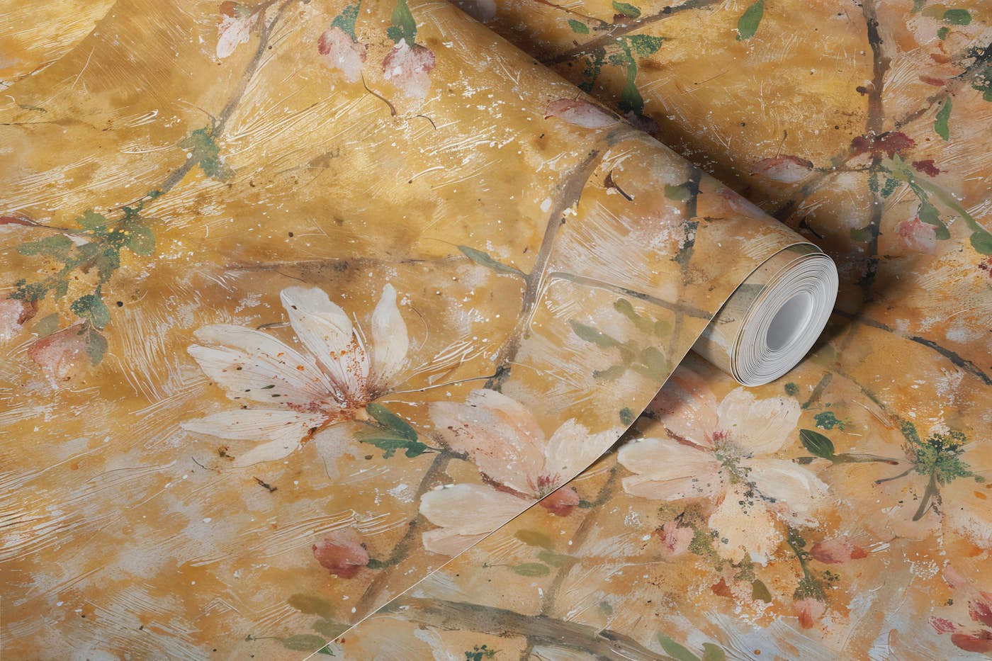 Golden Cherry Blossom Branches wallpaper roll