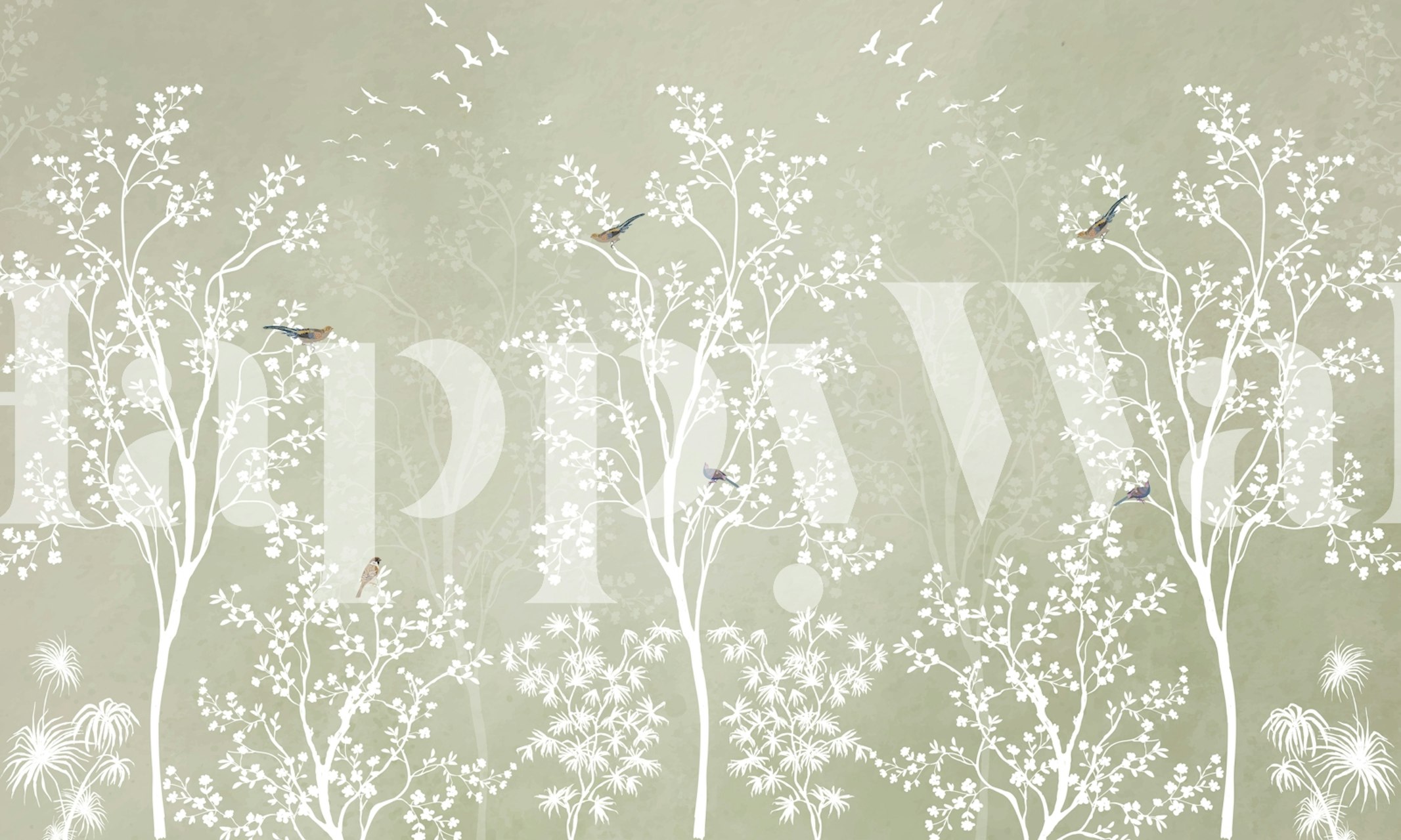 Soft mint botanical print wallpaper in a room