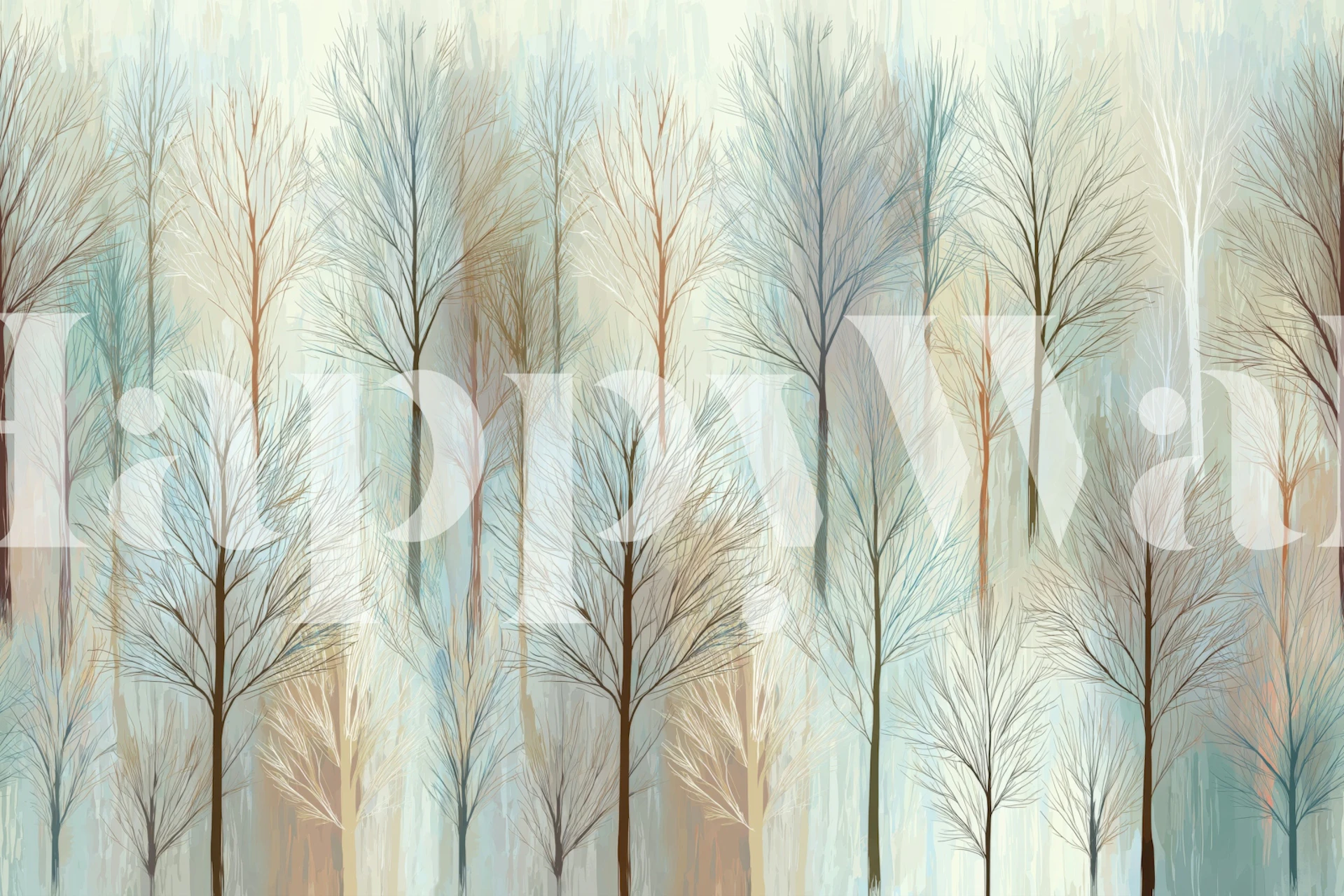 Soft light misty pine forest wallpaper in a room