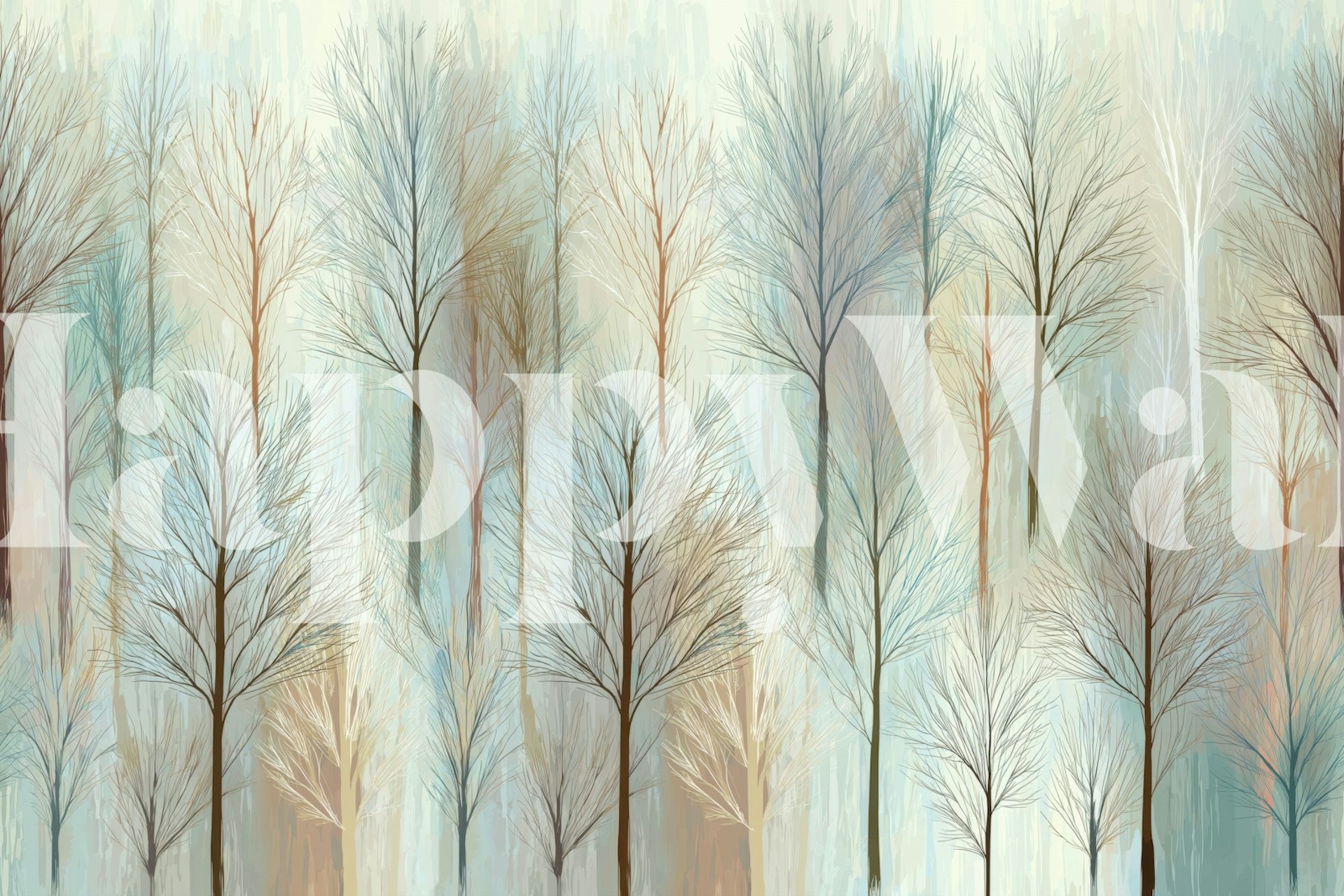 Soft light misty pine forest wallpaper in a room