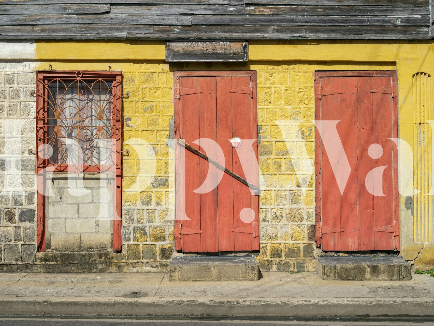 Weathered brick wall with red doors wallpaper