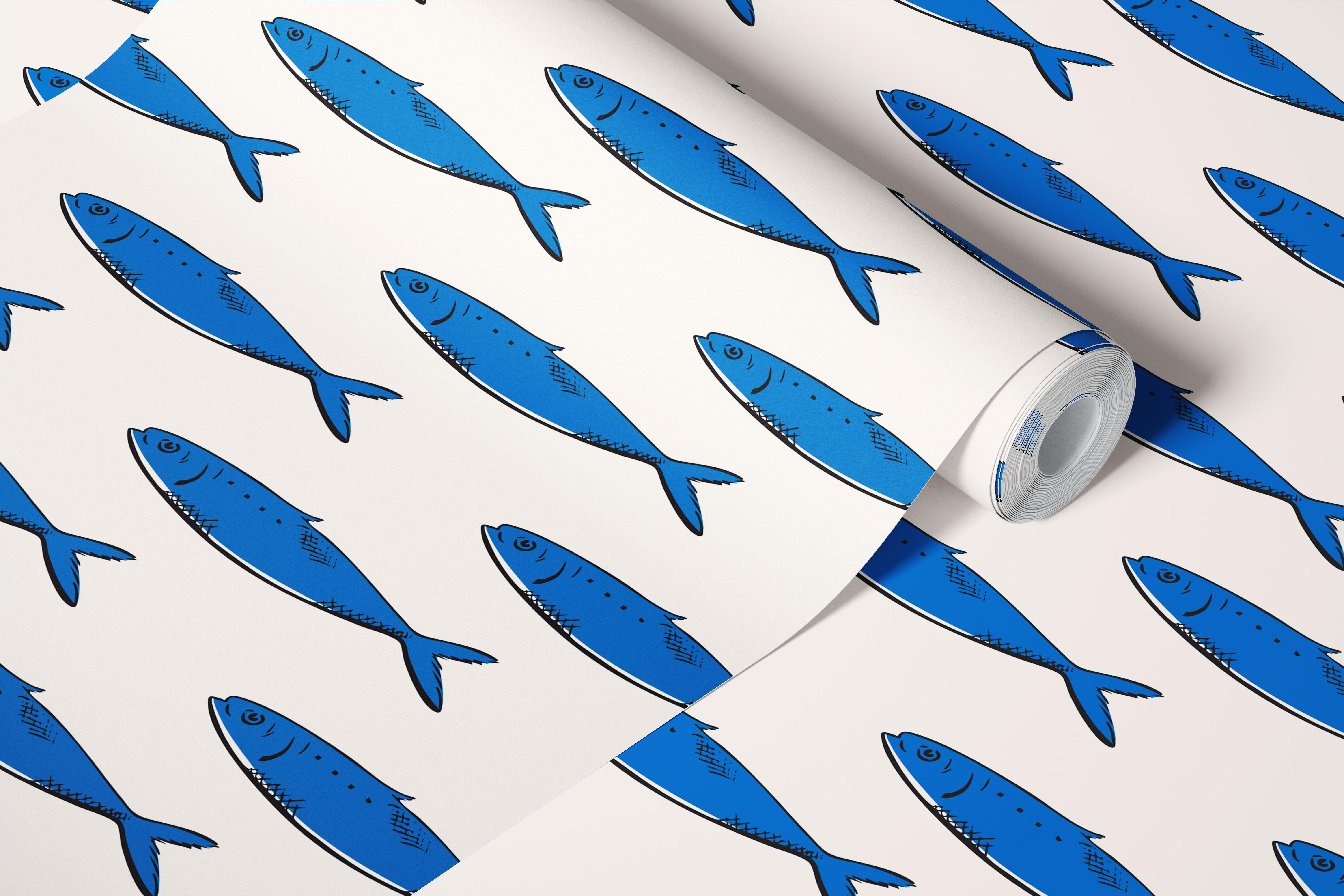 Blue Sardines Coastal Sketch wallpaper in a room