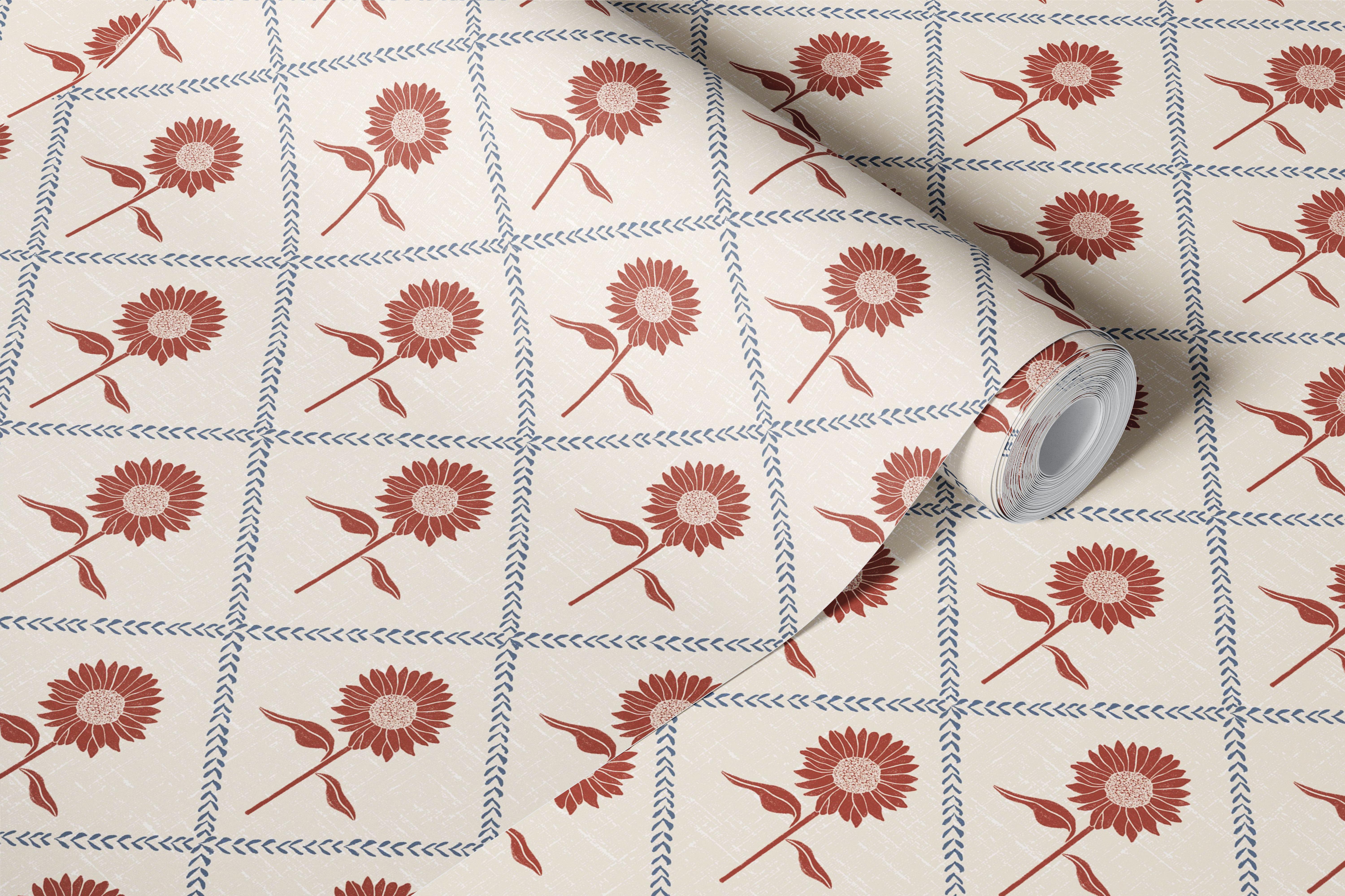 Rust Sunflower Lattice wallpaper design in a room