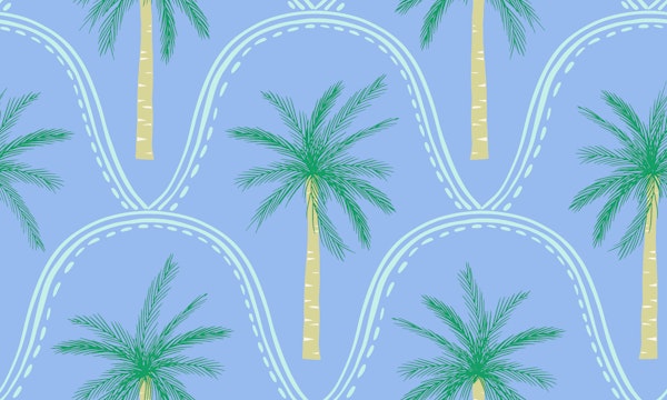 Tropical palm trees in coastal blues & green