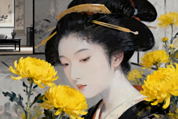 Geisha With Golden Chrysanthemums