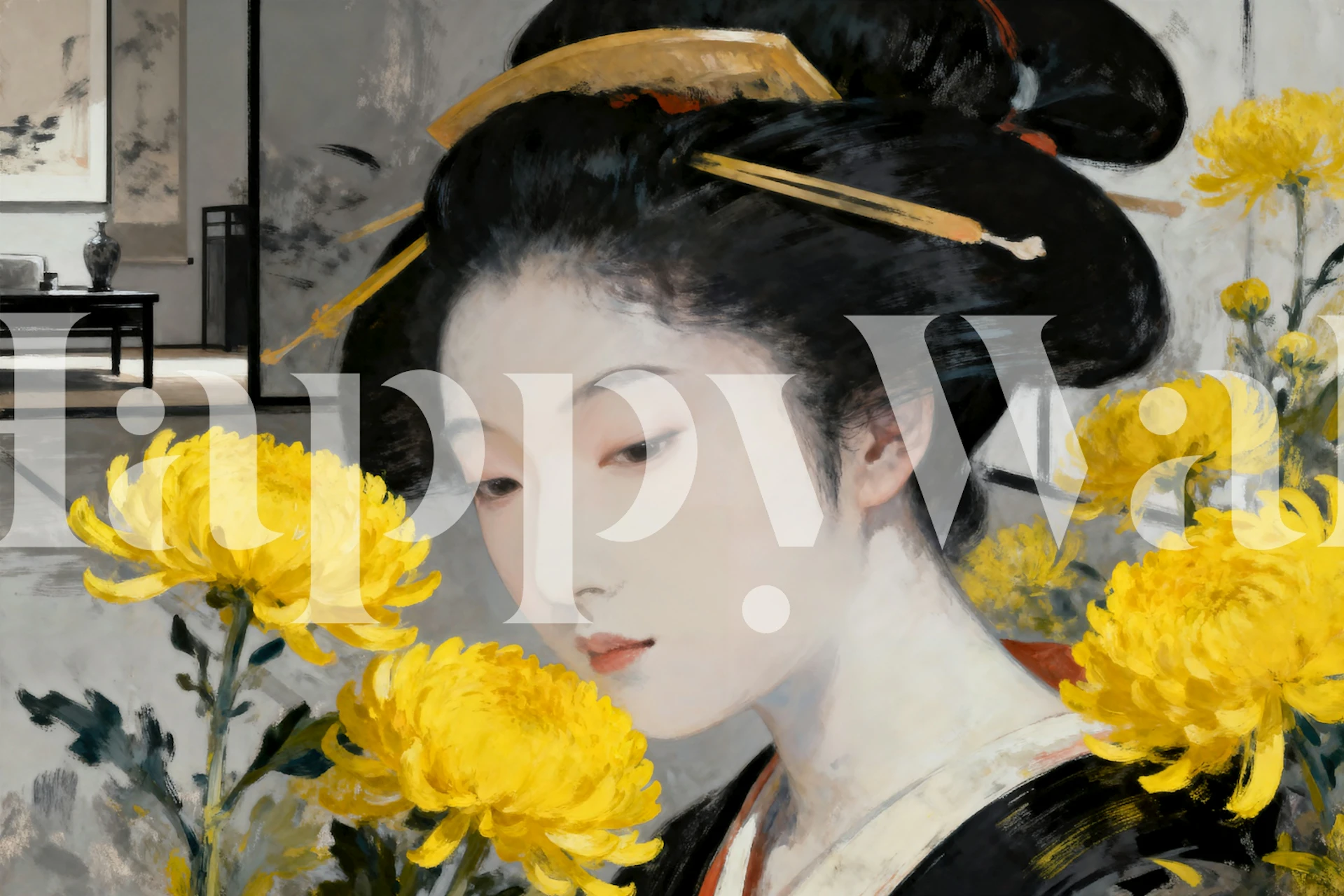 Geisha with golden chrysanthemums wallpaper in a room