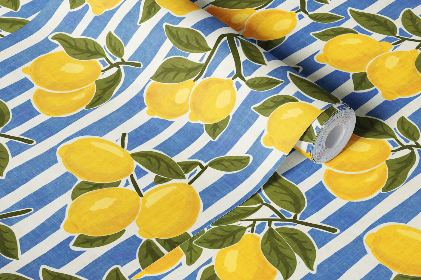 Mediterranean Lemons on Blue & White Stripes wallpaper roll
