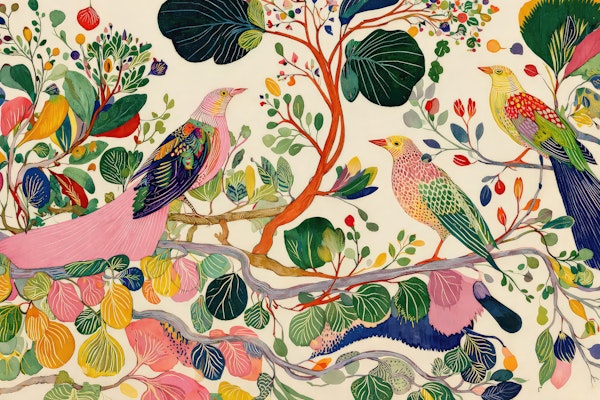 Whimsical Birds in Botanical Trees