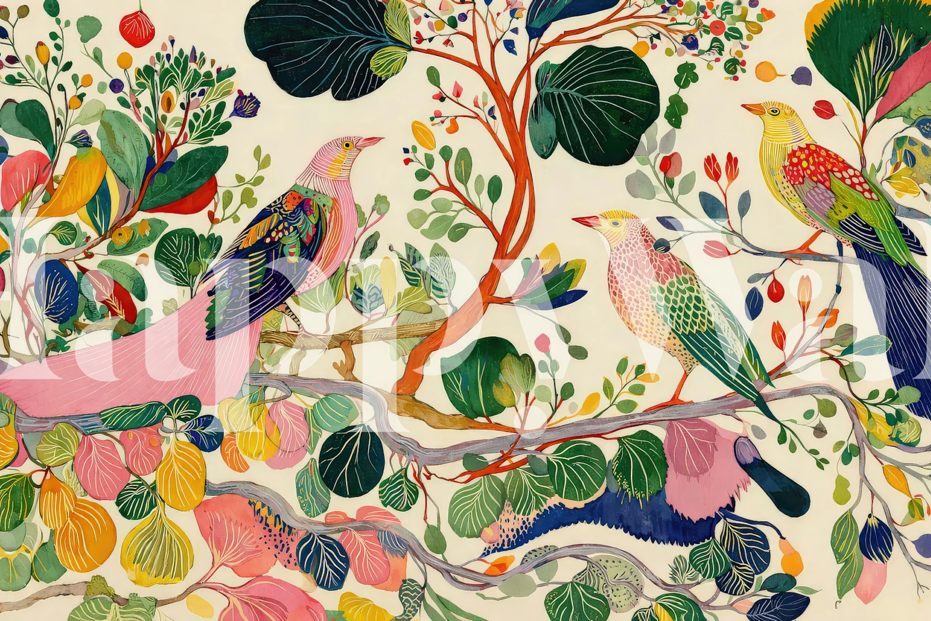 Whimsical birds among botanical trees wallpaper