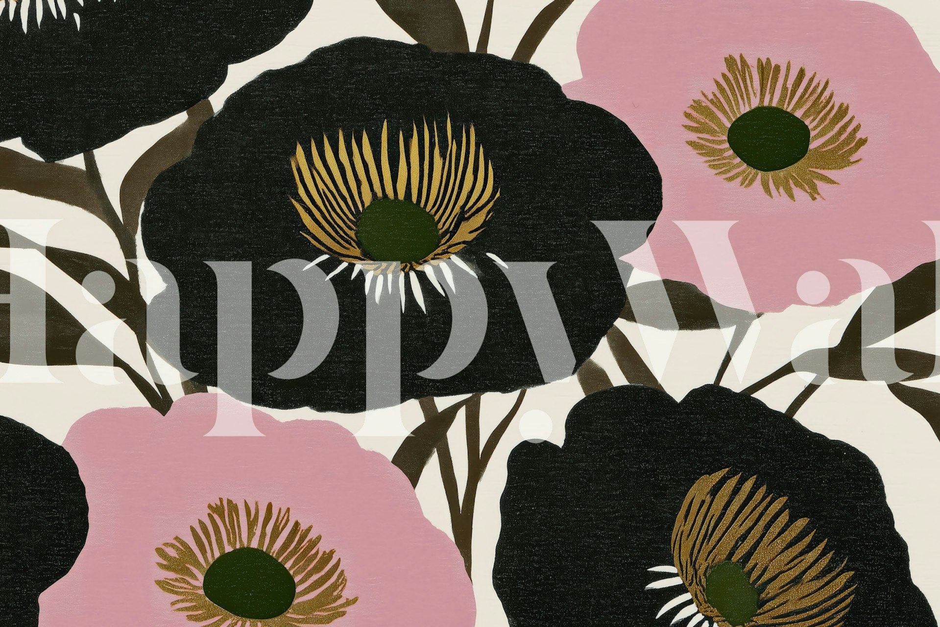 Dark Floral Contrast Pattern behang in een kamer