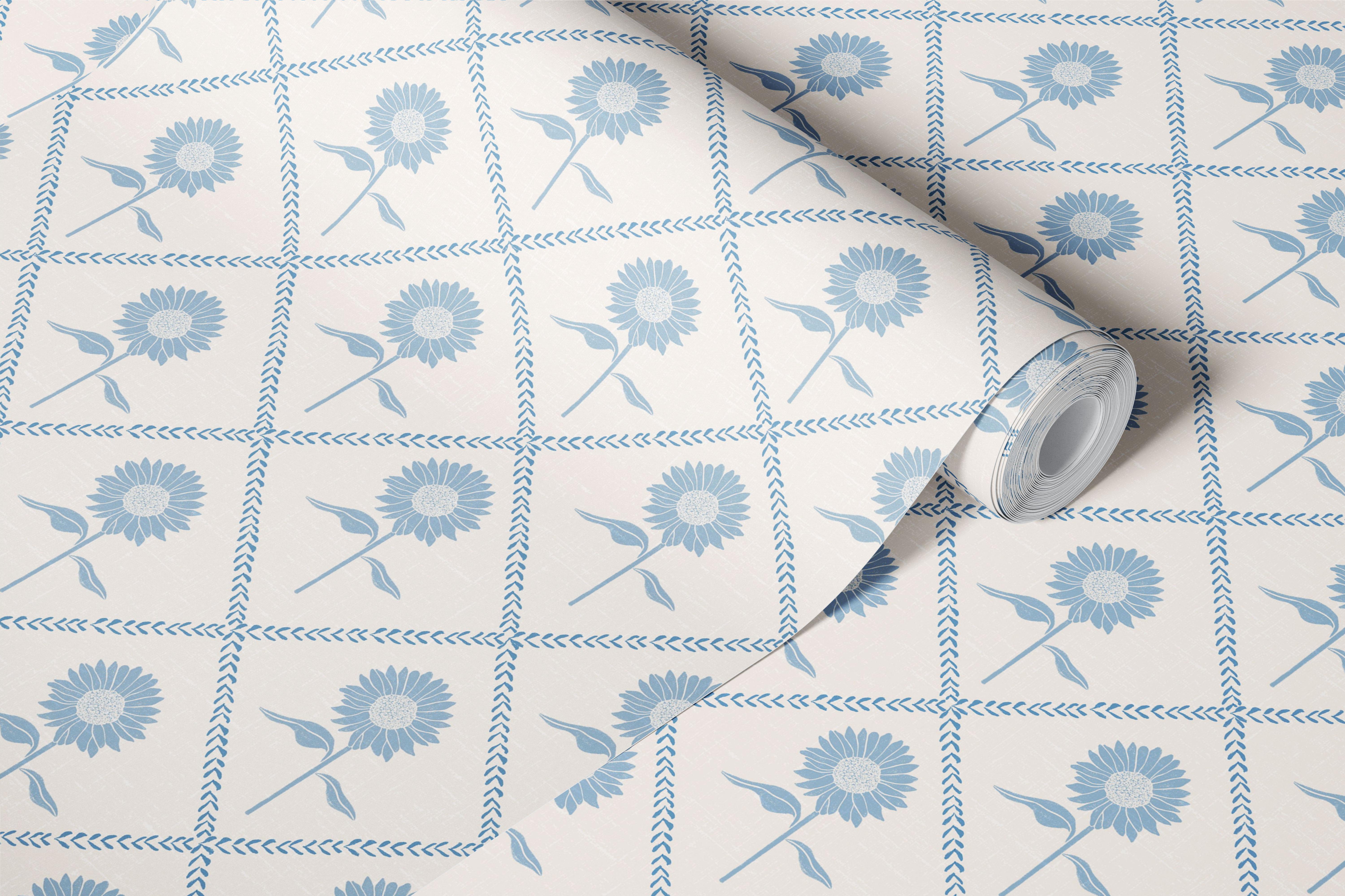 Scandi Soft Blue Floral Lattice wallpaper in a room