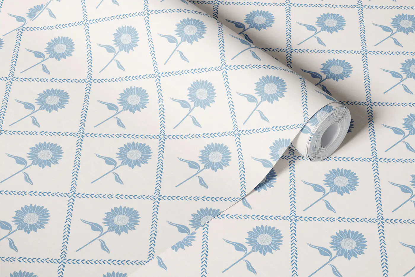 Scandi Soft Blue Floral Lattice wallpaper roll