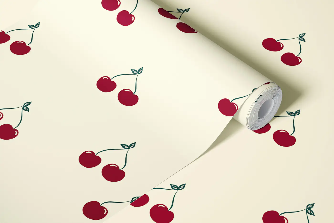 Retro Deep Red Cherries on Vanilla Cream wallpaper roll