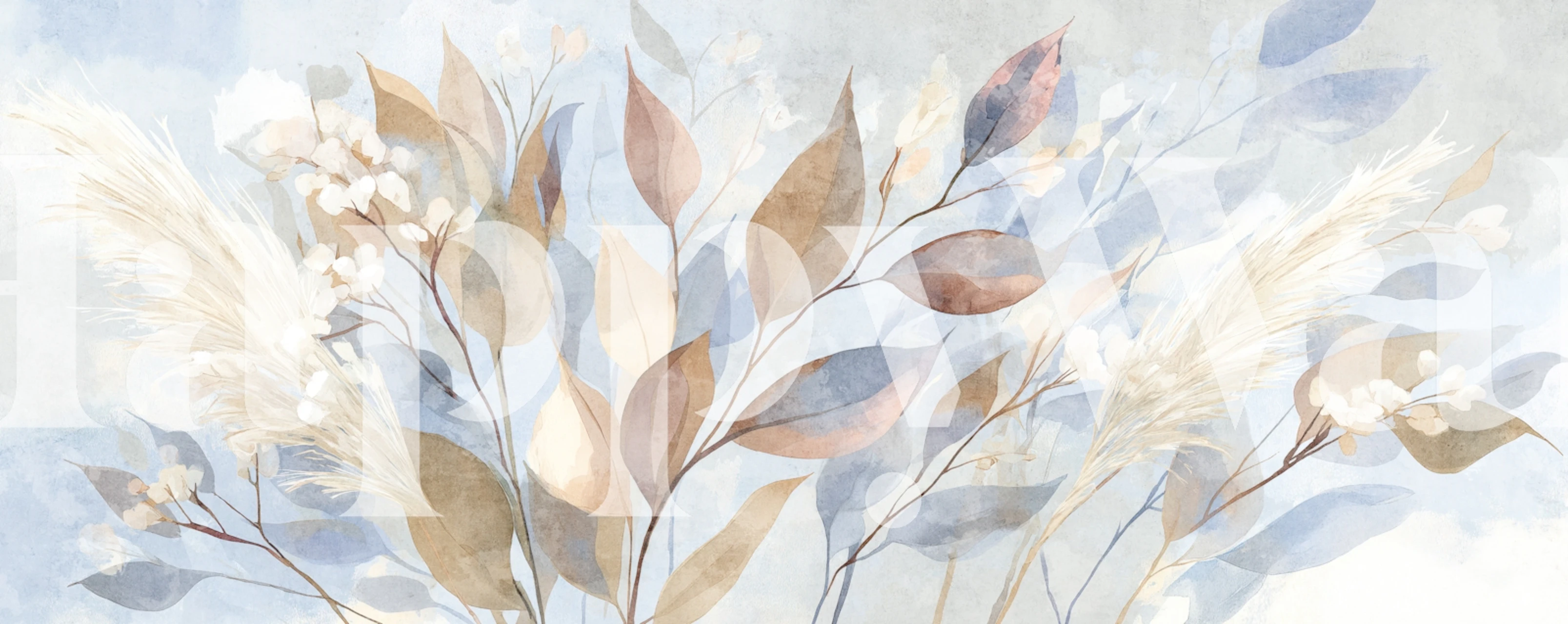 Soft blue botanical watercolor wallpaper in a room