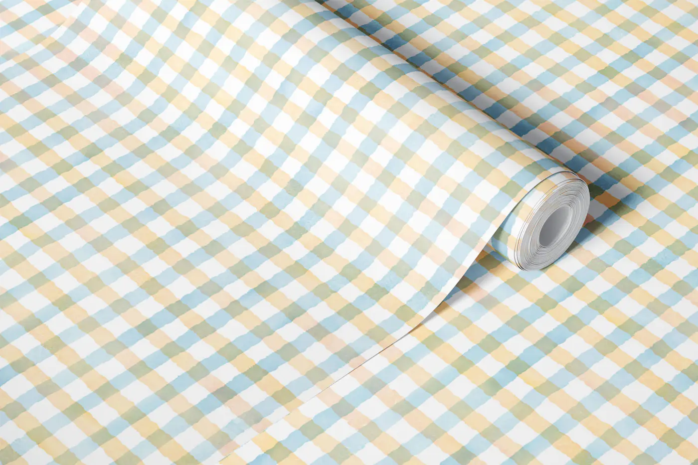 Rustic Dusty Blue and Ochre Farmhouse Gingham wallpaper roll