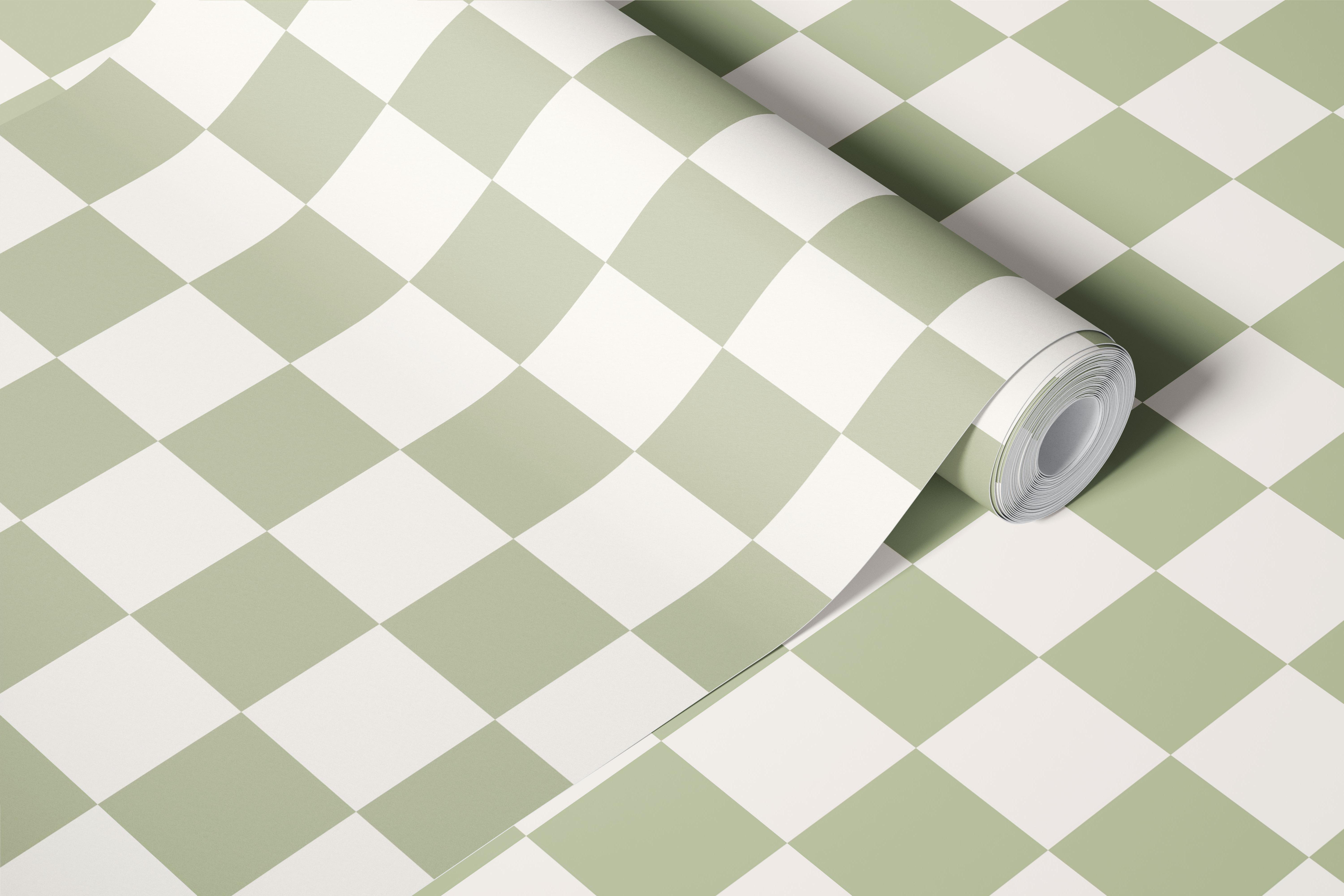 Sage and cream checkerboard wallpaper in a room