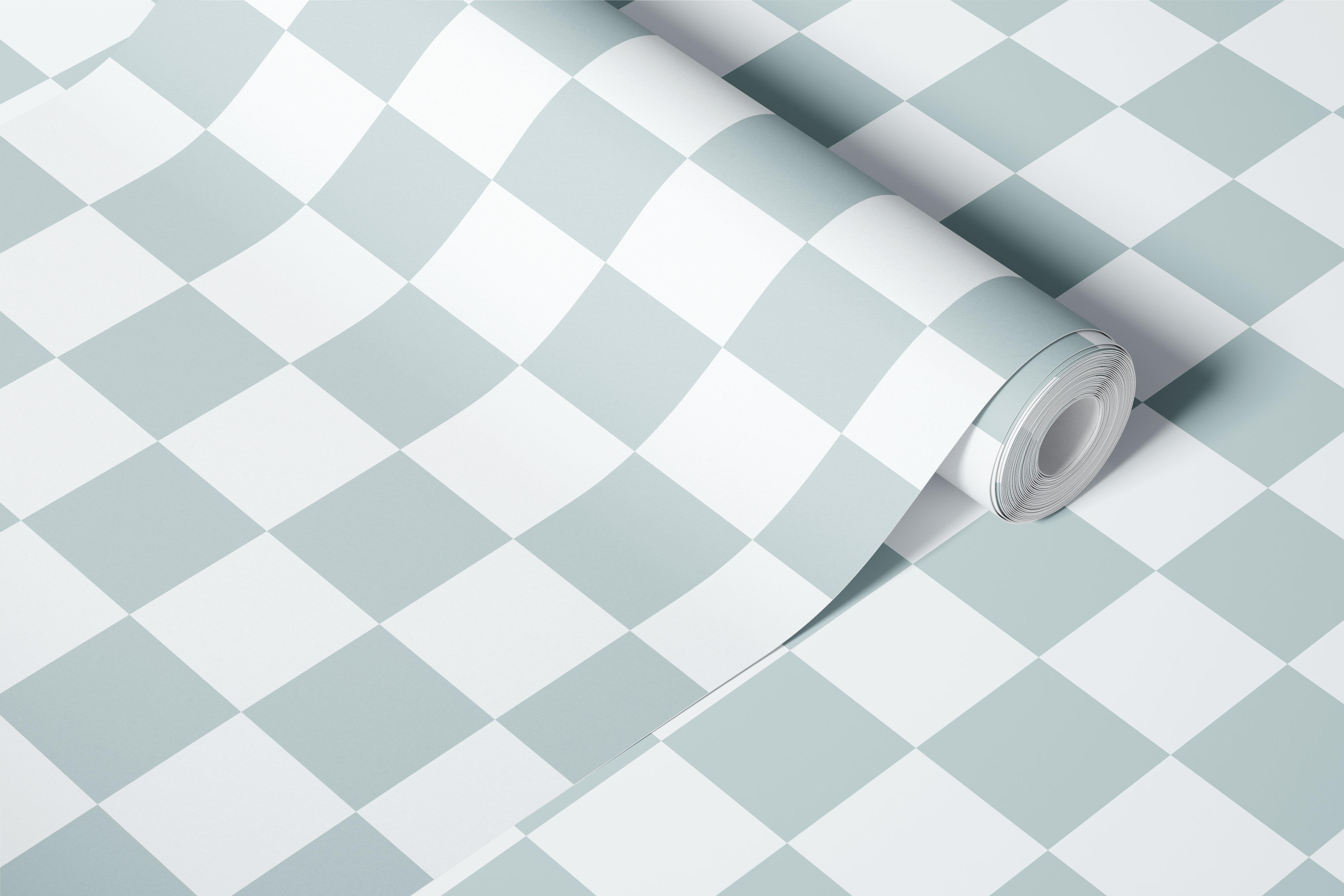 Gray and icy blue checkerboard wallpaper in a room