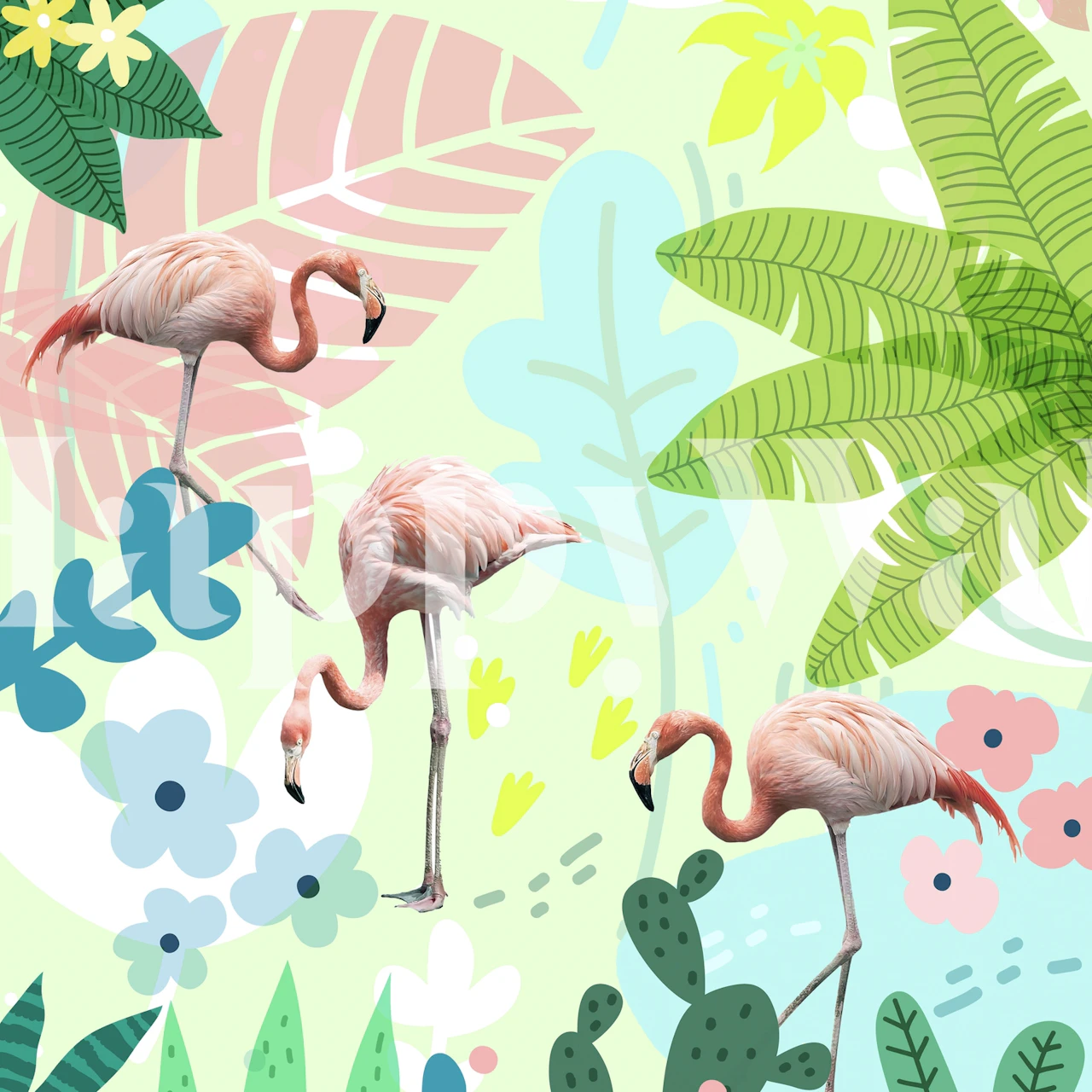 Tropical flamingo and floral pattern wallpaper with green, pink, and blue elements.