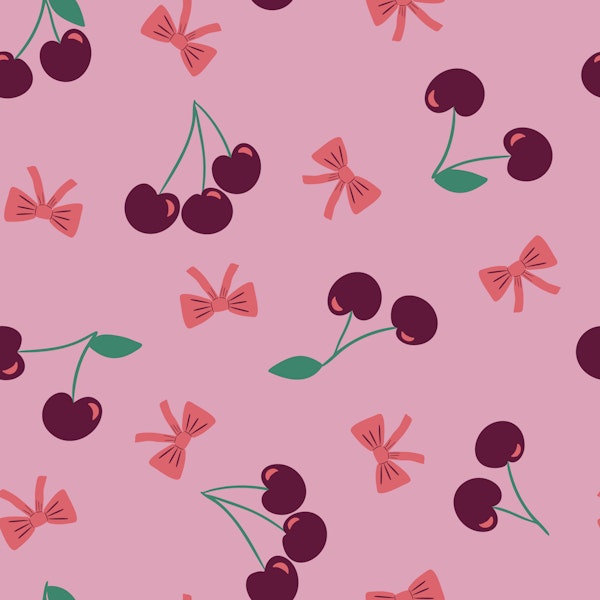 Retro Kitsch Cherries and Bow on warm Pink