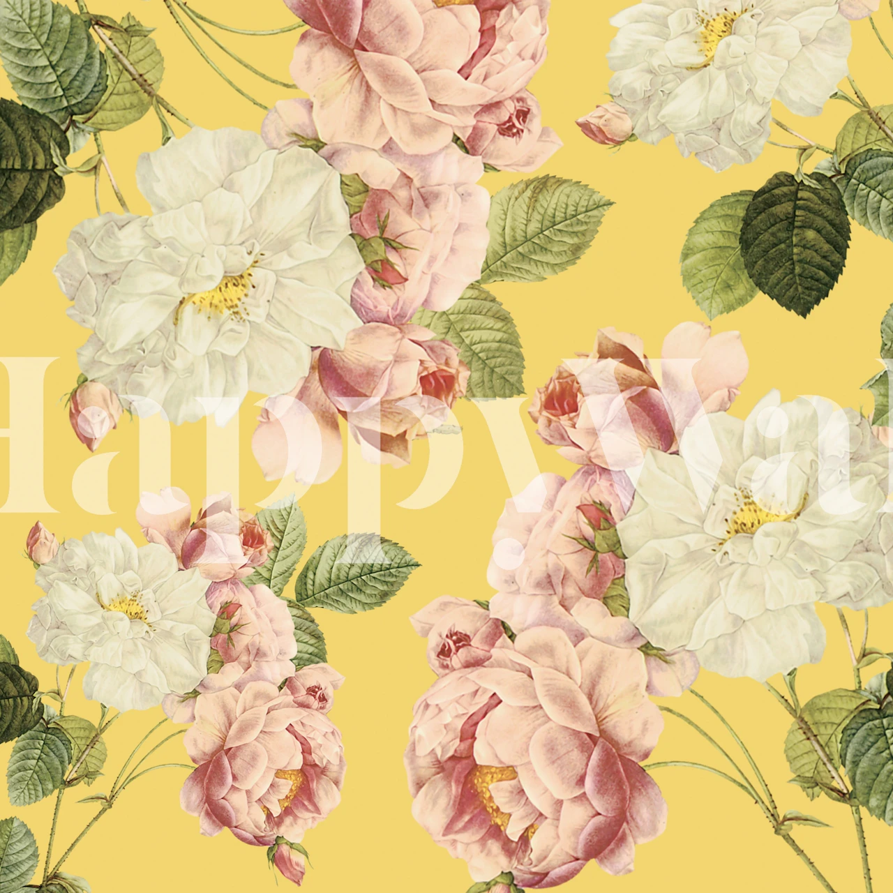 Fotomural botánico con fondo amarillo y flores rosas y blancas