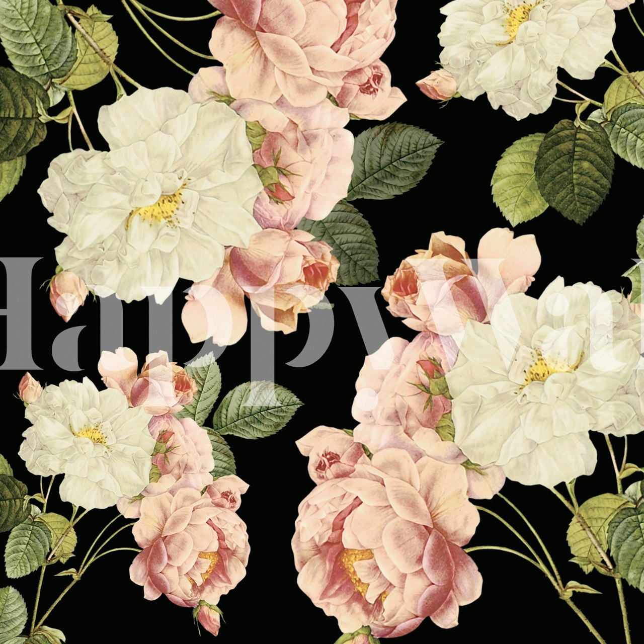 Flora Temptation - Night wall mural with blooming roses and peonies on dark background