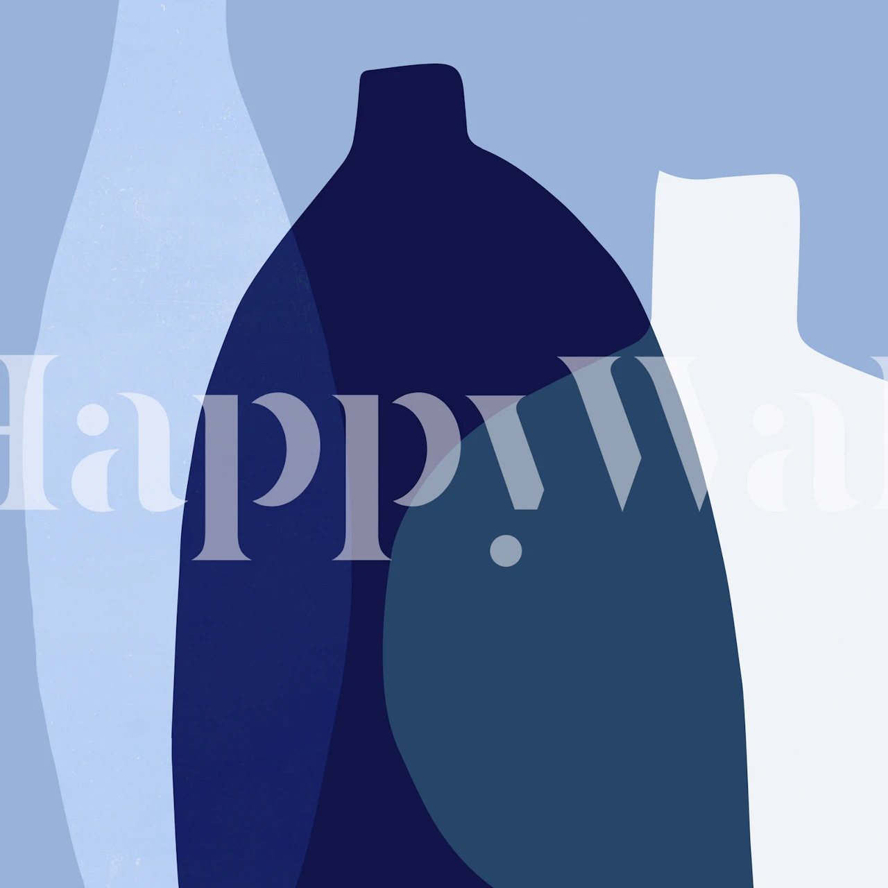 Abstract glass vases in blue shades and white wallpaper