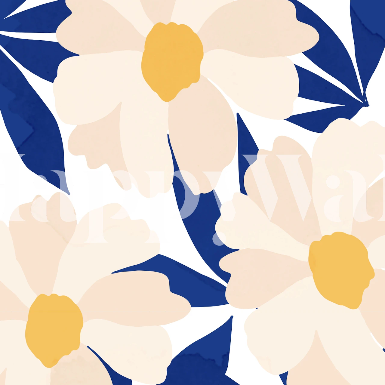 Large cream flowers with yellow centers and navy leaves wallpaper