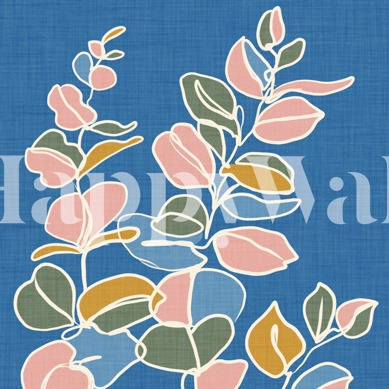 Botanical leaves in pink and green on blue wallpaper