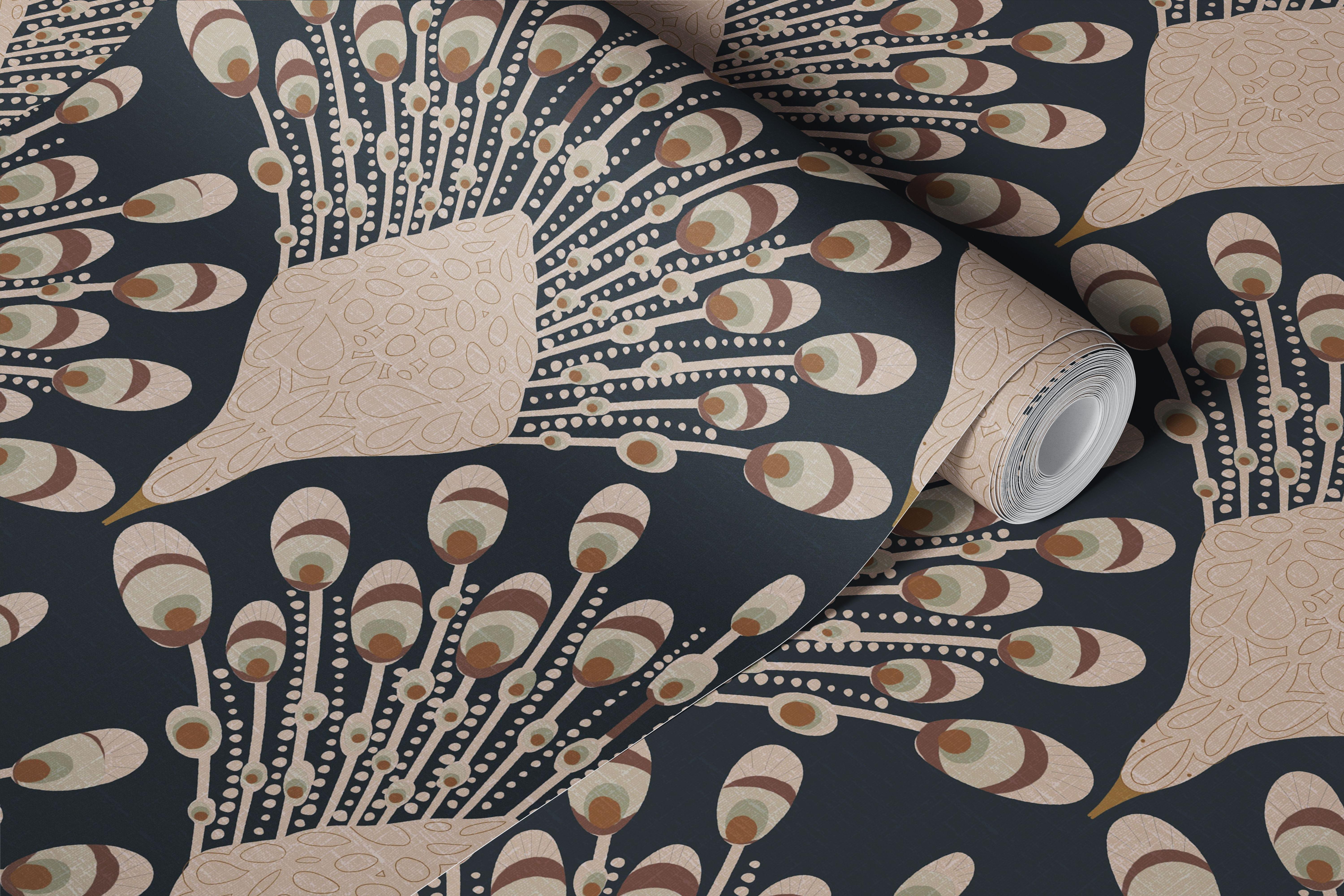 Art Deco Peacock Fan wallpaper displayed in a room