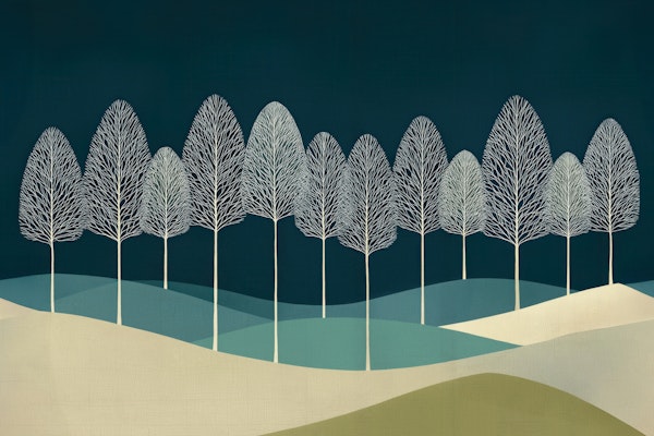 Scandinavian White Trees Line Art Mural