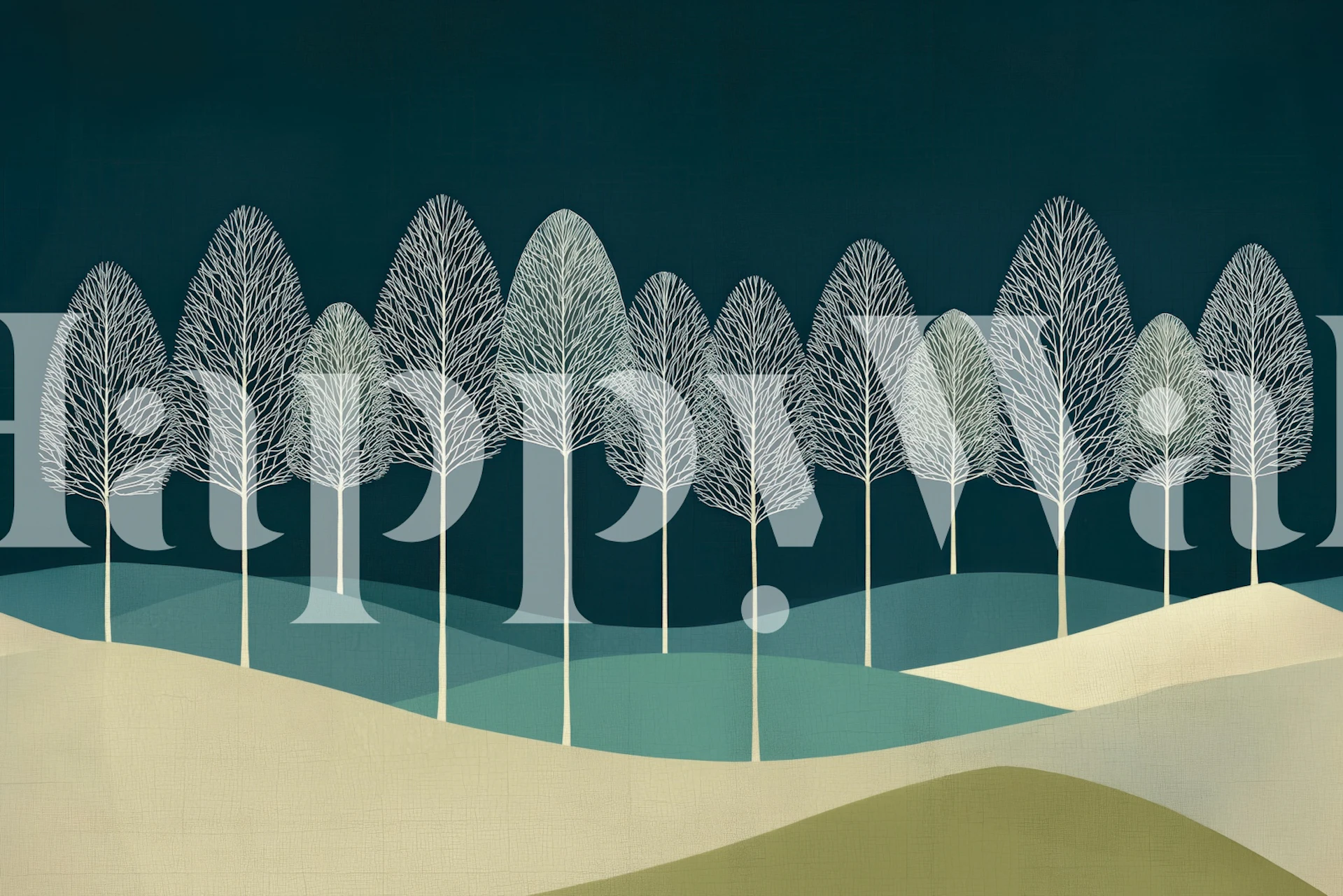 Scandinavian white trees mural in a room