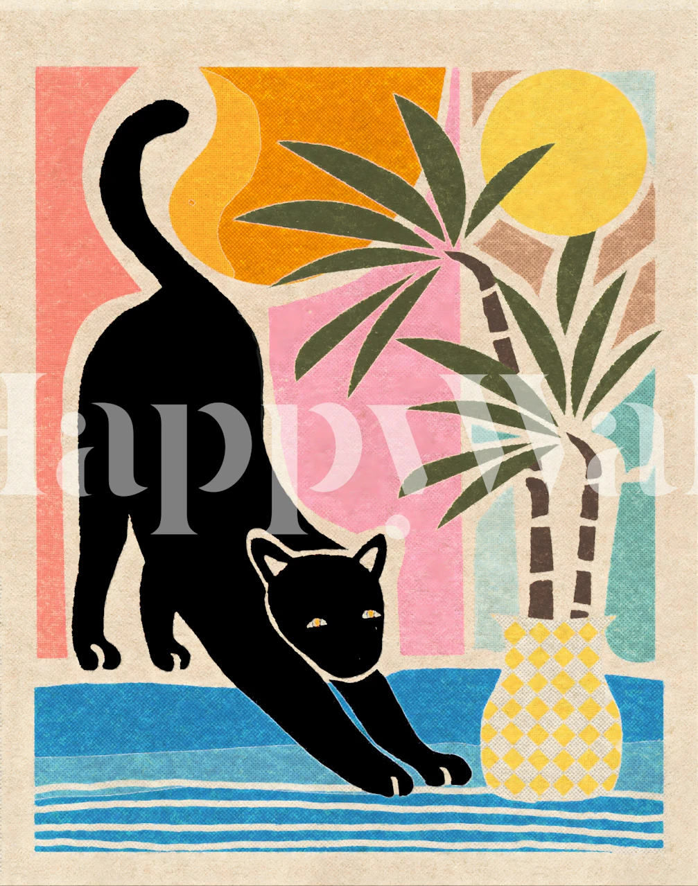 Geometric cat and palm wallpaper in room