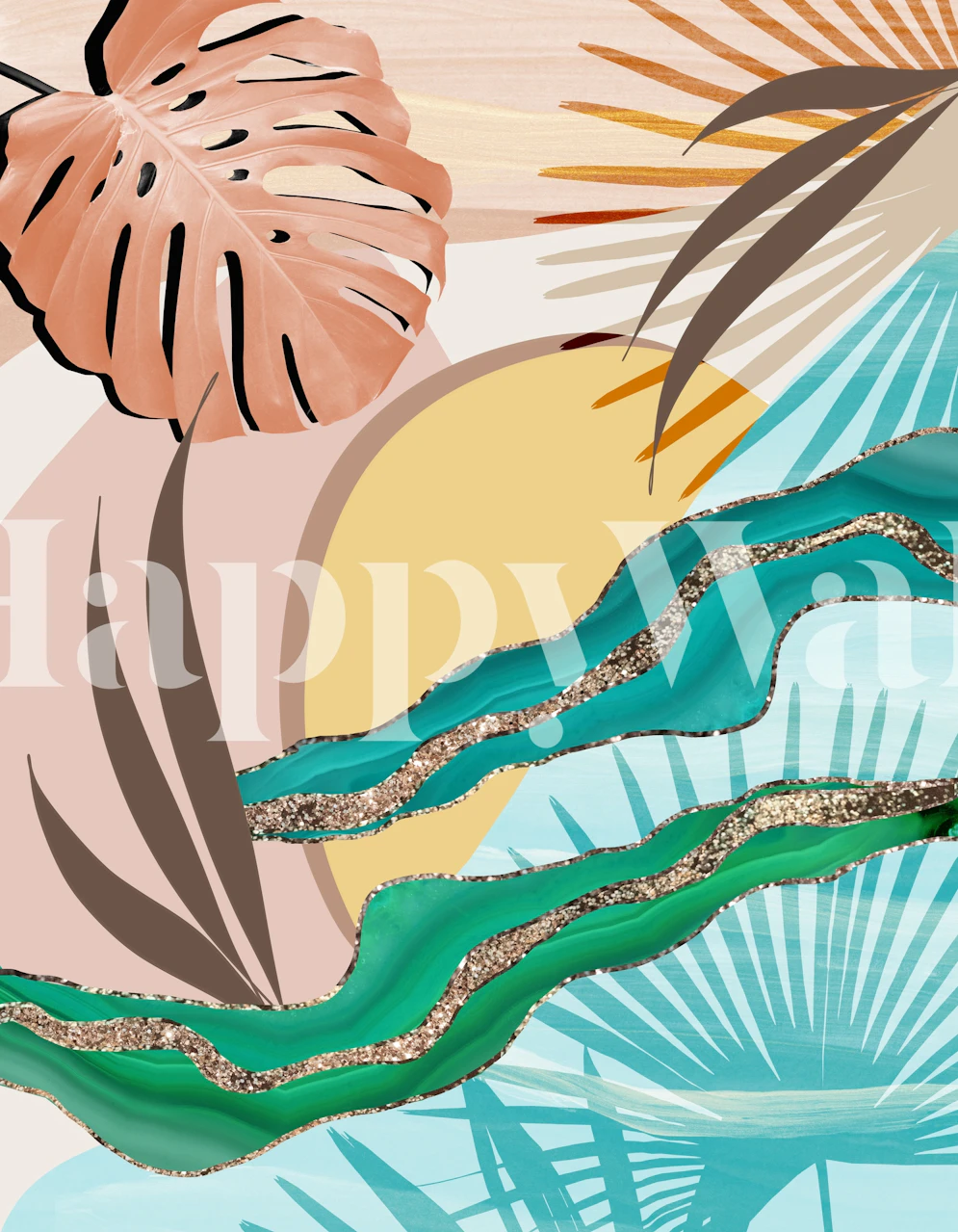 Abstrakt tropisk sommar oas fototapet med pastellfärgade palmblad, sol och stiliserade vågor