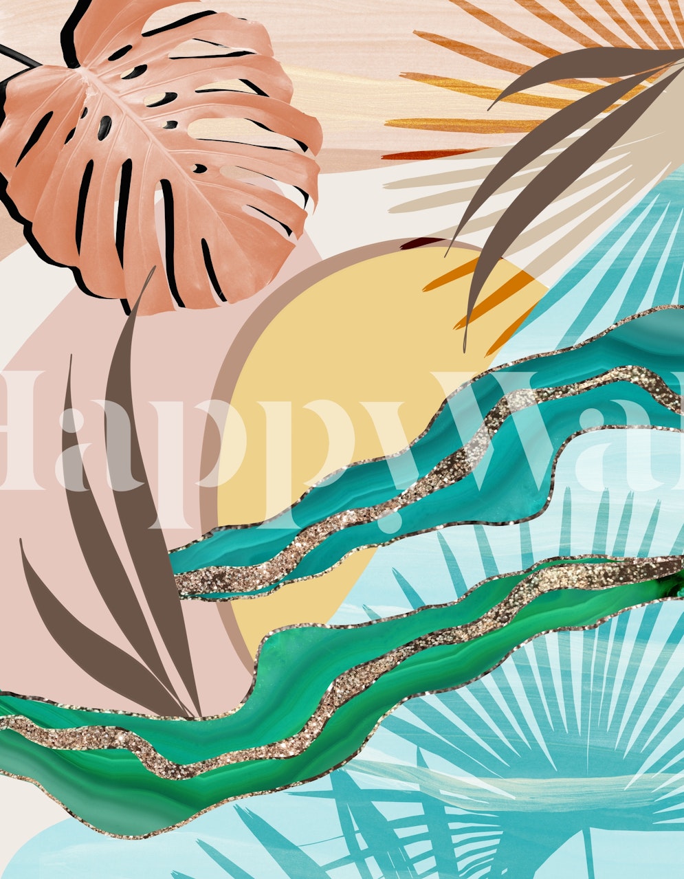 Fototapeta Abstraktní tropická letní oáza s pastelovými palmovými listy, sluncem a stylizovanými vlnami