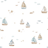Nautical Nursery Sailboat Scene in White tapete