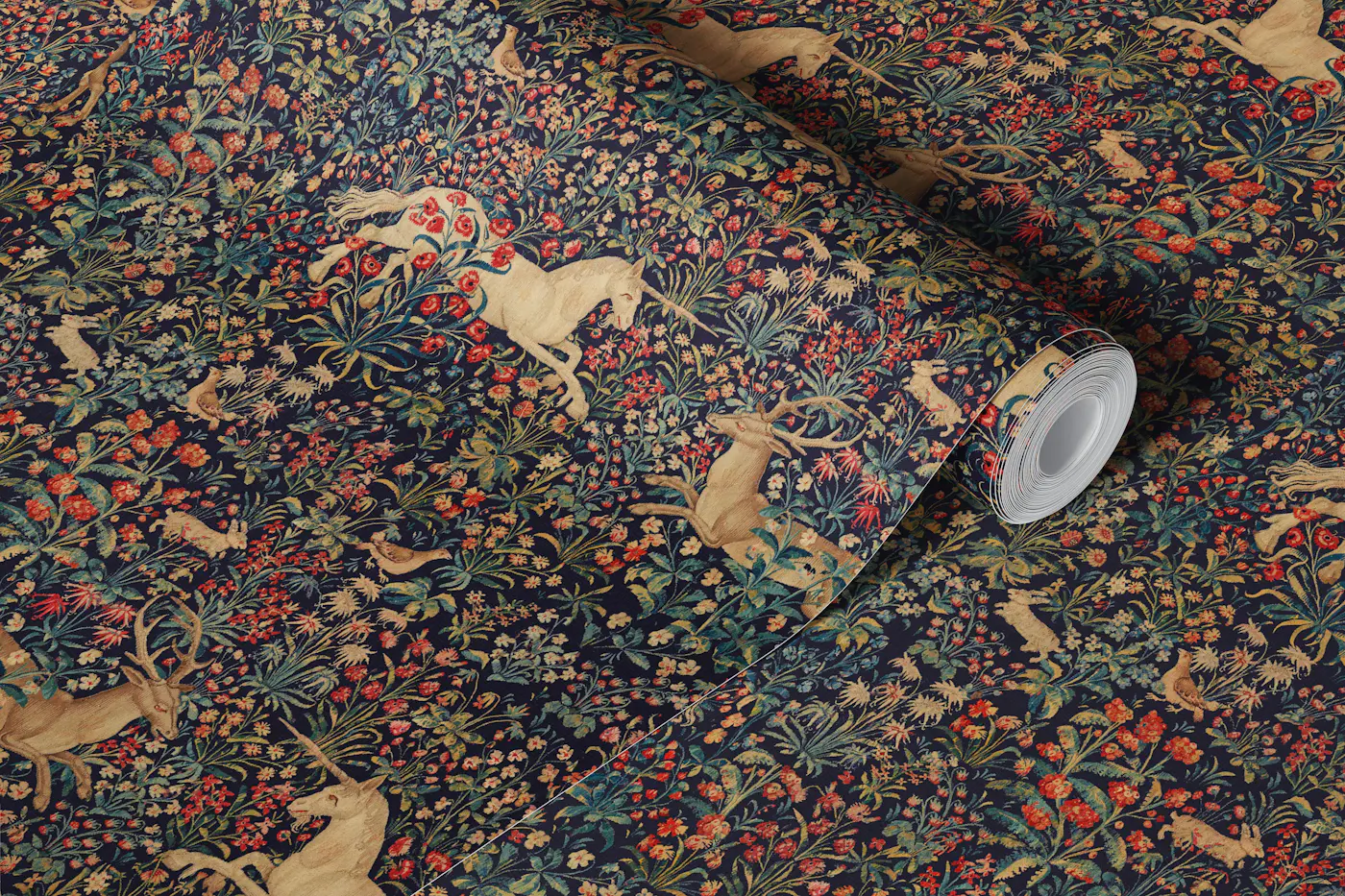 Medieval Unicorn Midnight Floral Tapestry wallpaper roll